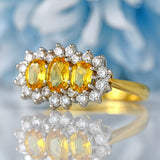Ellibelle Jewellery Vintage 1988 Yellow Sapphire & Diamond 18ct Gold Triple Cluster Ring