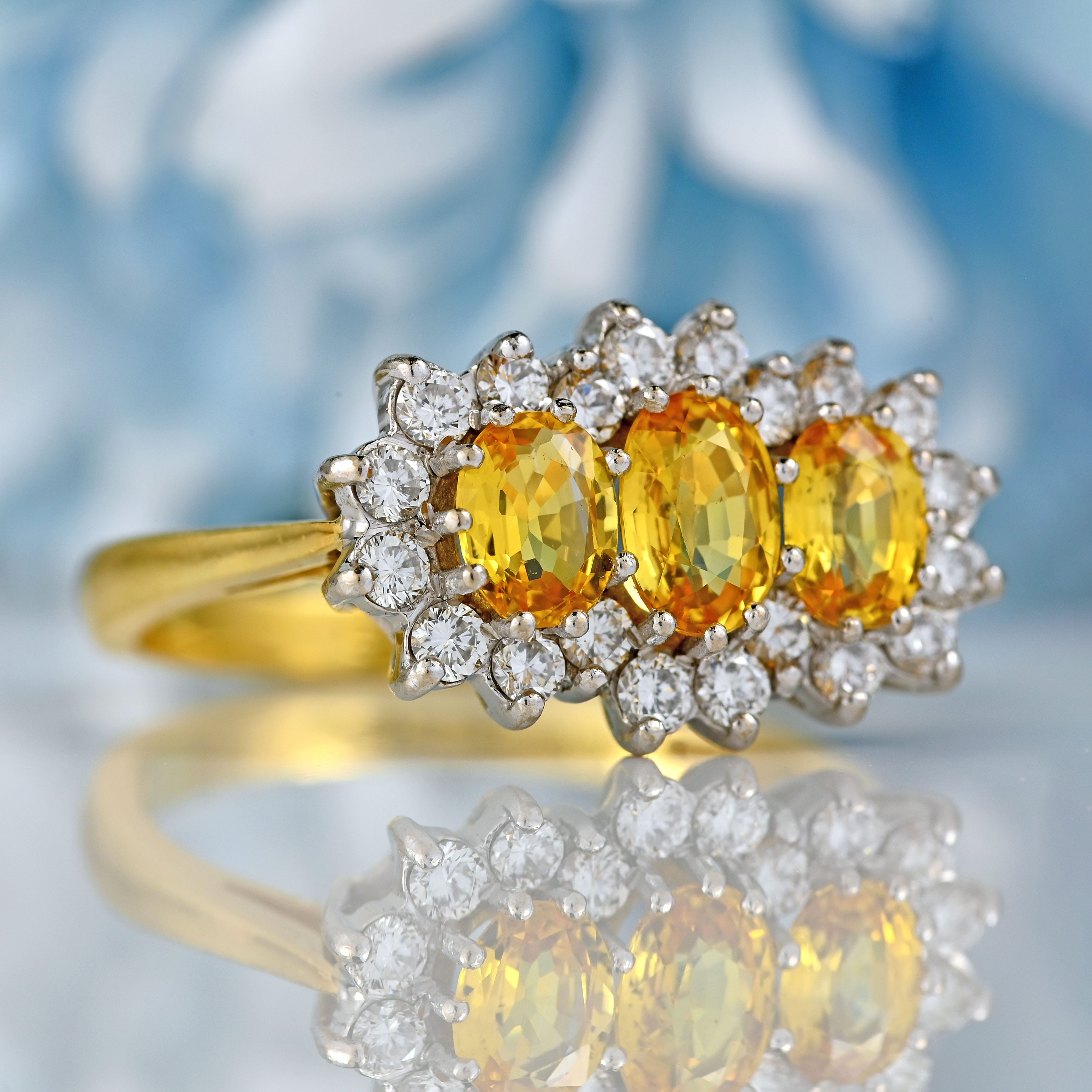 Ellibelle Jewellery Vintage 1988 Yellow Sapphire & Diamond 18ct Gold Triple Cluster Ring
