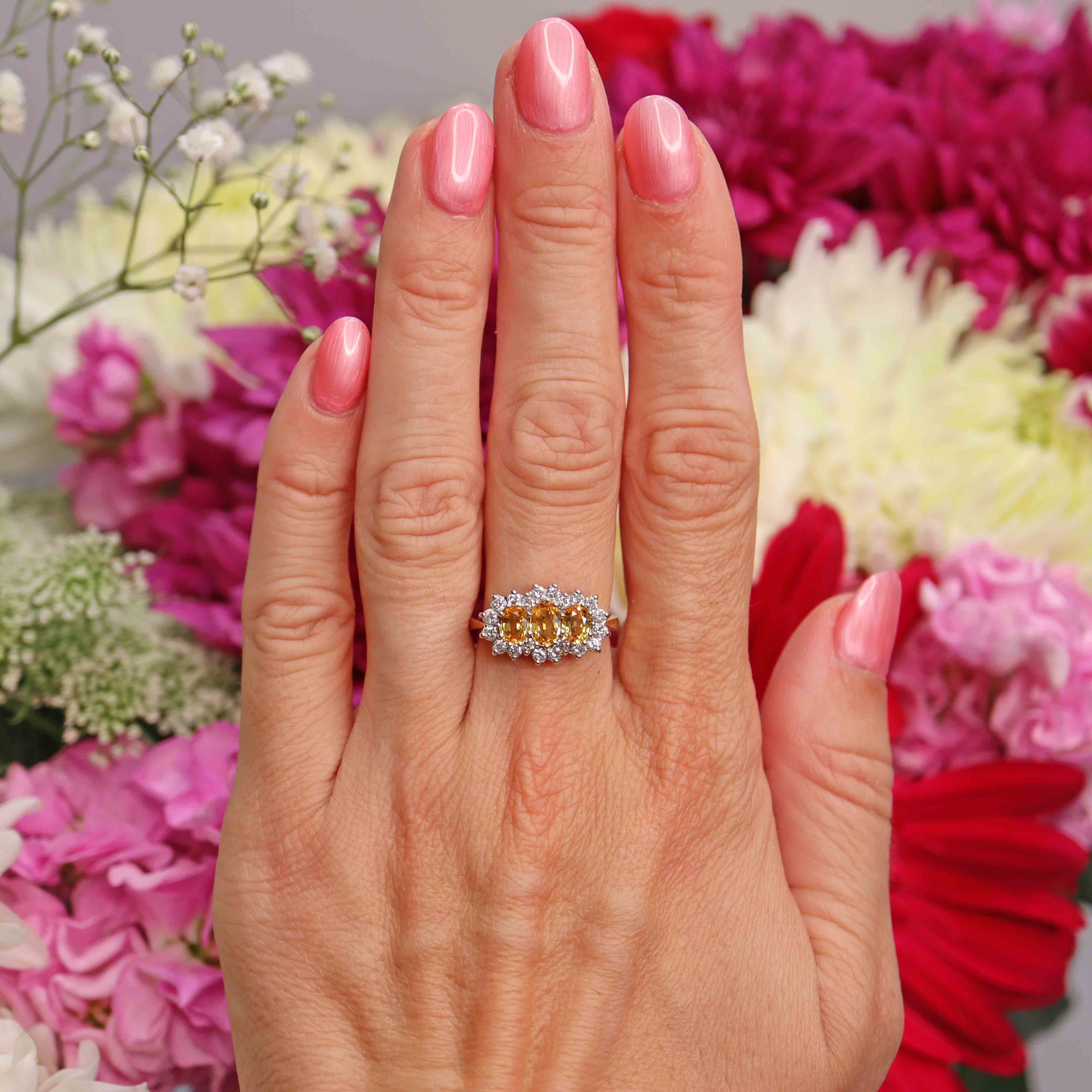Ellibelle Jewellery Vintage 1988 Yellow Sapphire & Diamond 18ct Gold Triple Cluster Ring