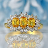 Ellibelle Jewellery Vintage 1988 Yellow Sapphire & Diamond 18ct Gold Triple Cluster Ring