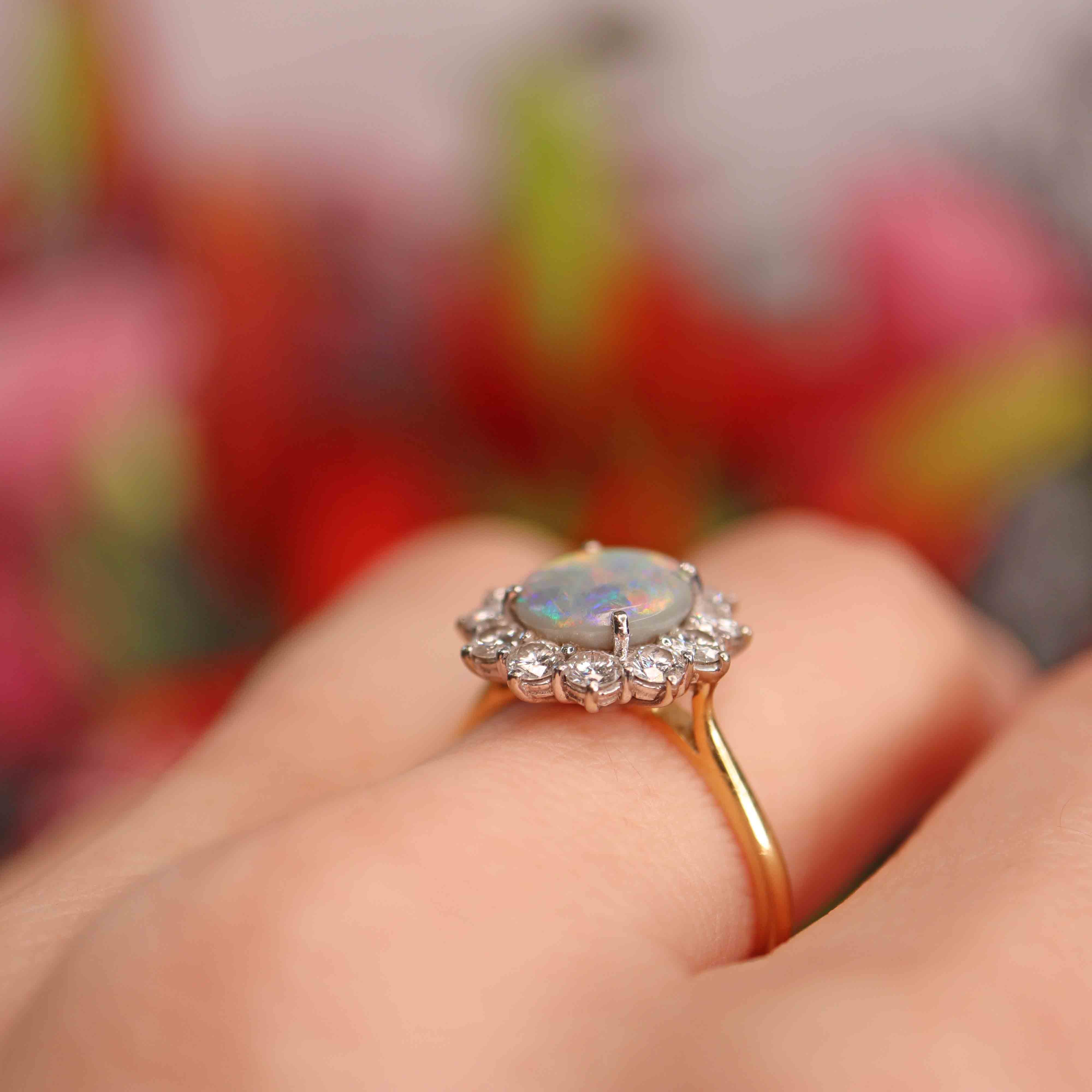 Ellibelle Jewellery Vintage 1989 Black Opal & Diamond 18ct Gold Cluster Ring