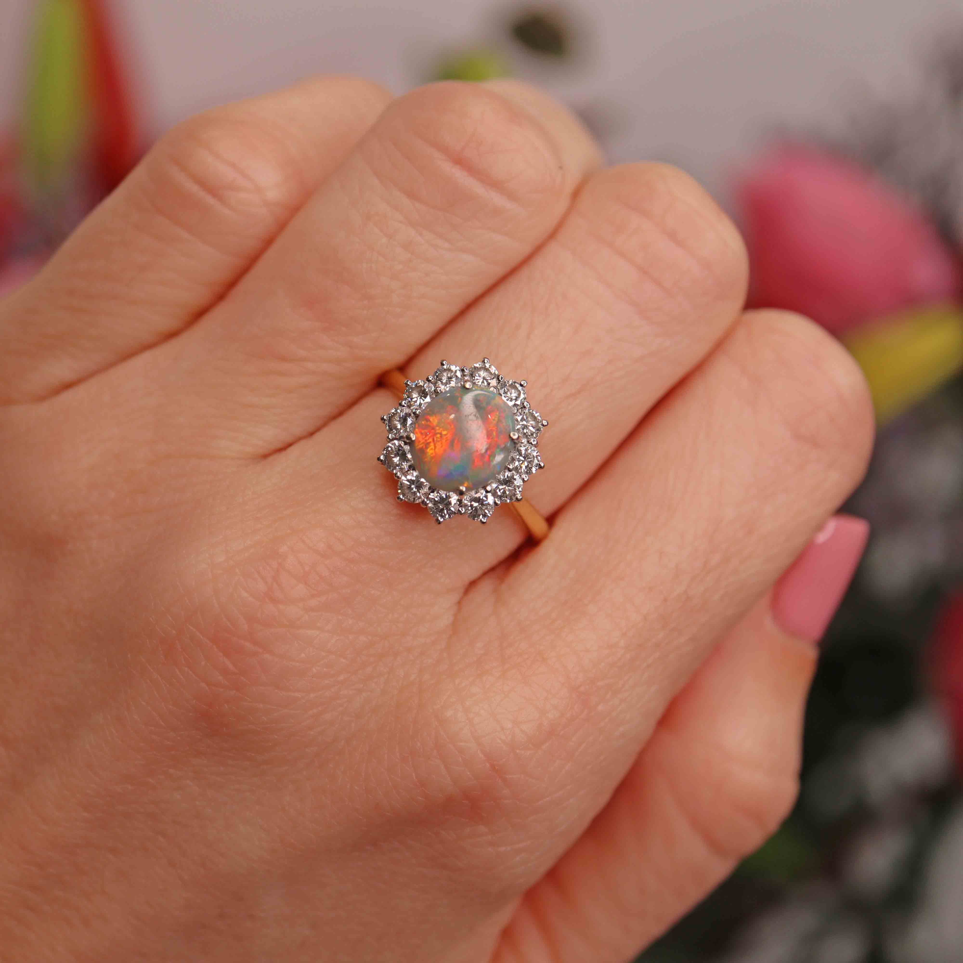 Ellibelle Jewellery Vintage 1989 Black Opal & Diamond 18ct Gold Cluster Ring