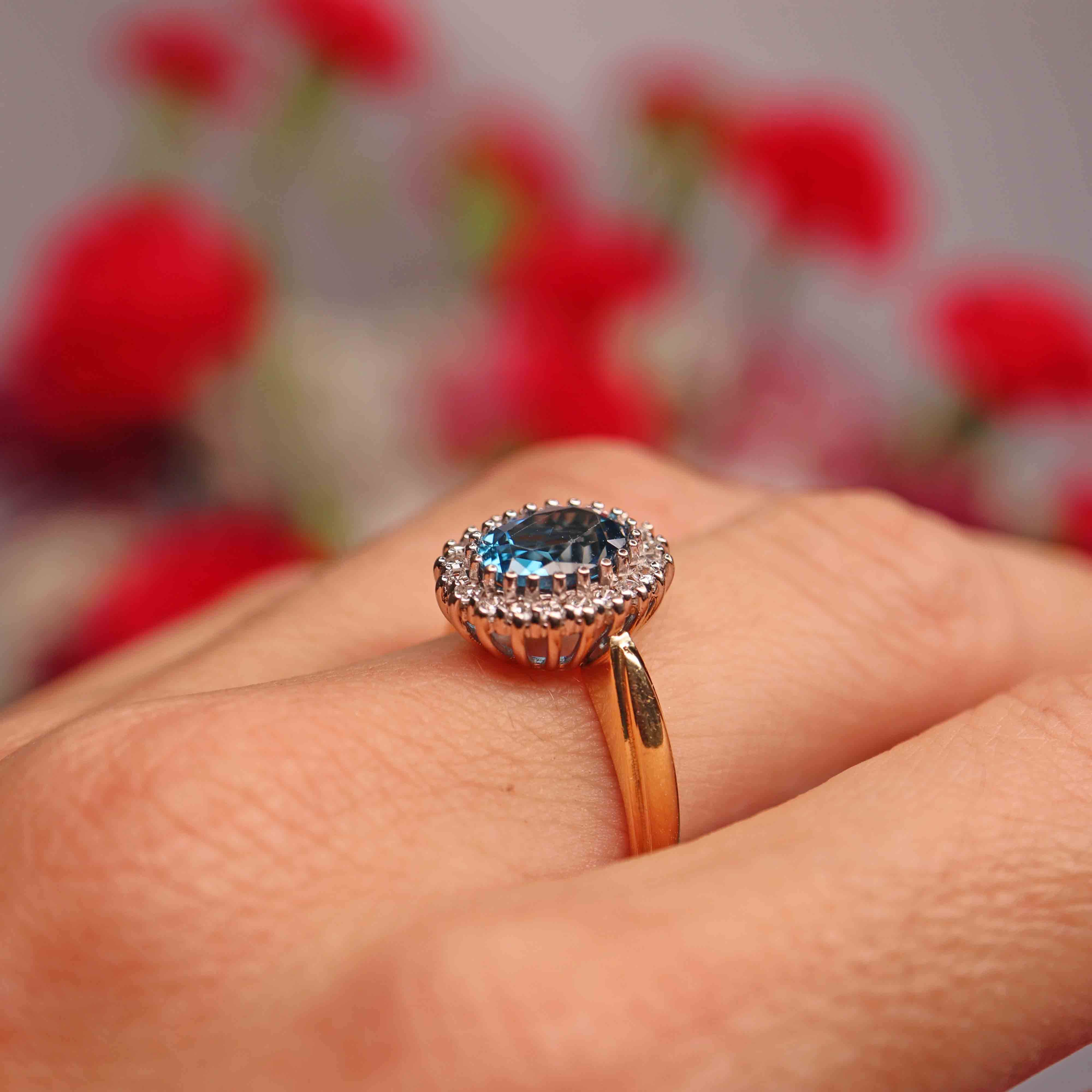 Ellibelle Jewellery Vintage 1989 Blue Topaz & Diamond 18ct Gold Cluster Ring (2.35cts)