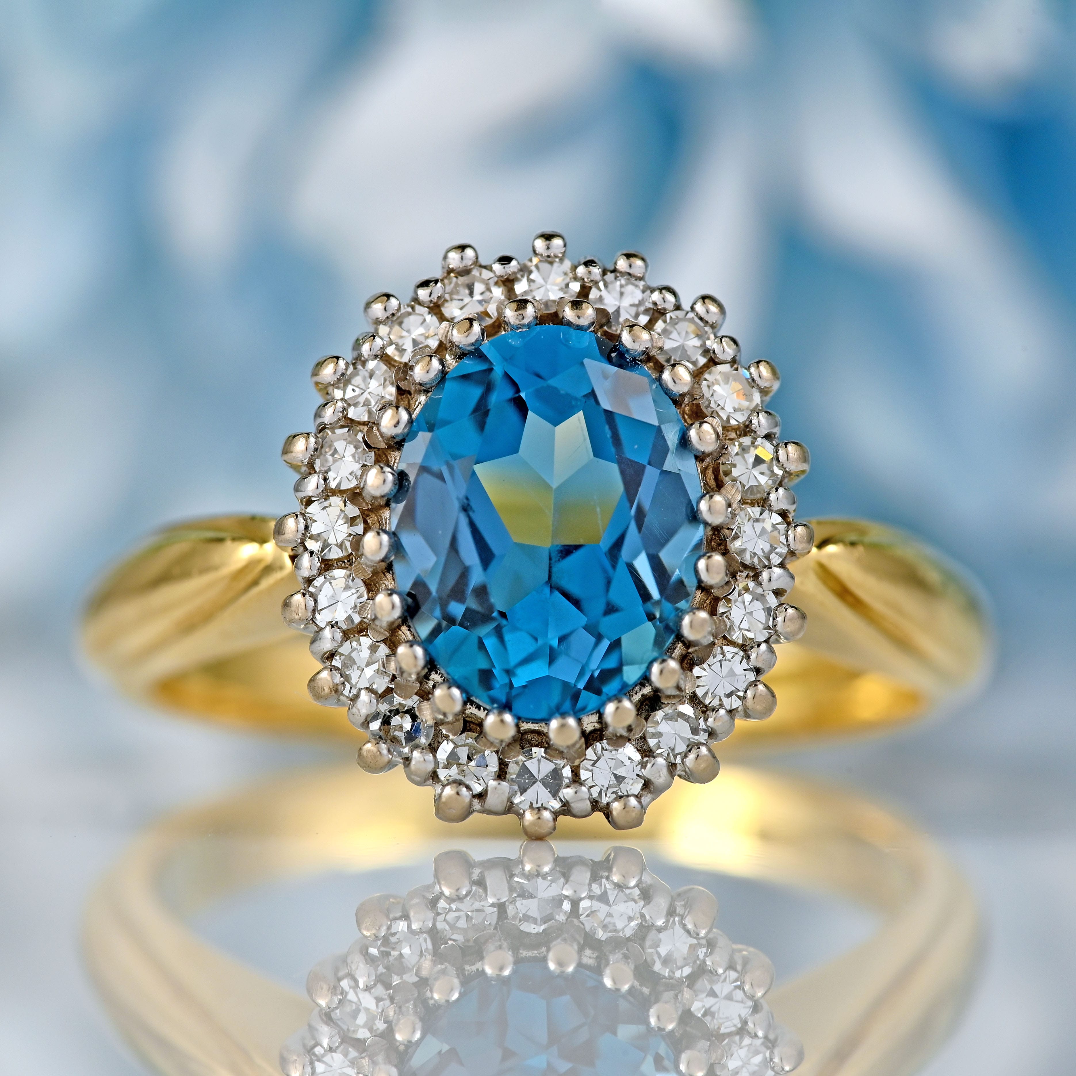 Ellibelle Jewellery Vintage 1989 Blue Topaz & Diamond 18ct Gold Cluster Ring (2.35cts)