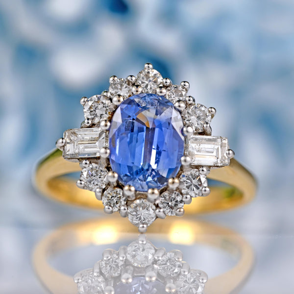 Ellibelle Jewellery Vintage 1989 Ceylon Sapphire & Diamond 18ct Gold Cluster Engagement Ring