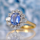 Ellibelle Jewellery Vintage 1989 Ceylon Sapphire & Diamond 18ct Gold Cluster Engagement Ring