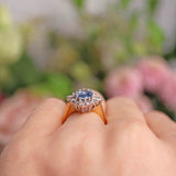 Ellibelle Jewellery Vintage 1989 Ceylon Sapphire & Diamond 18ct Gold Cluster Engagement Ring