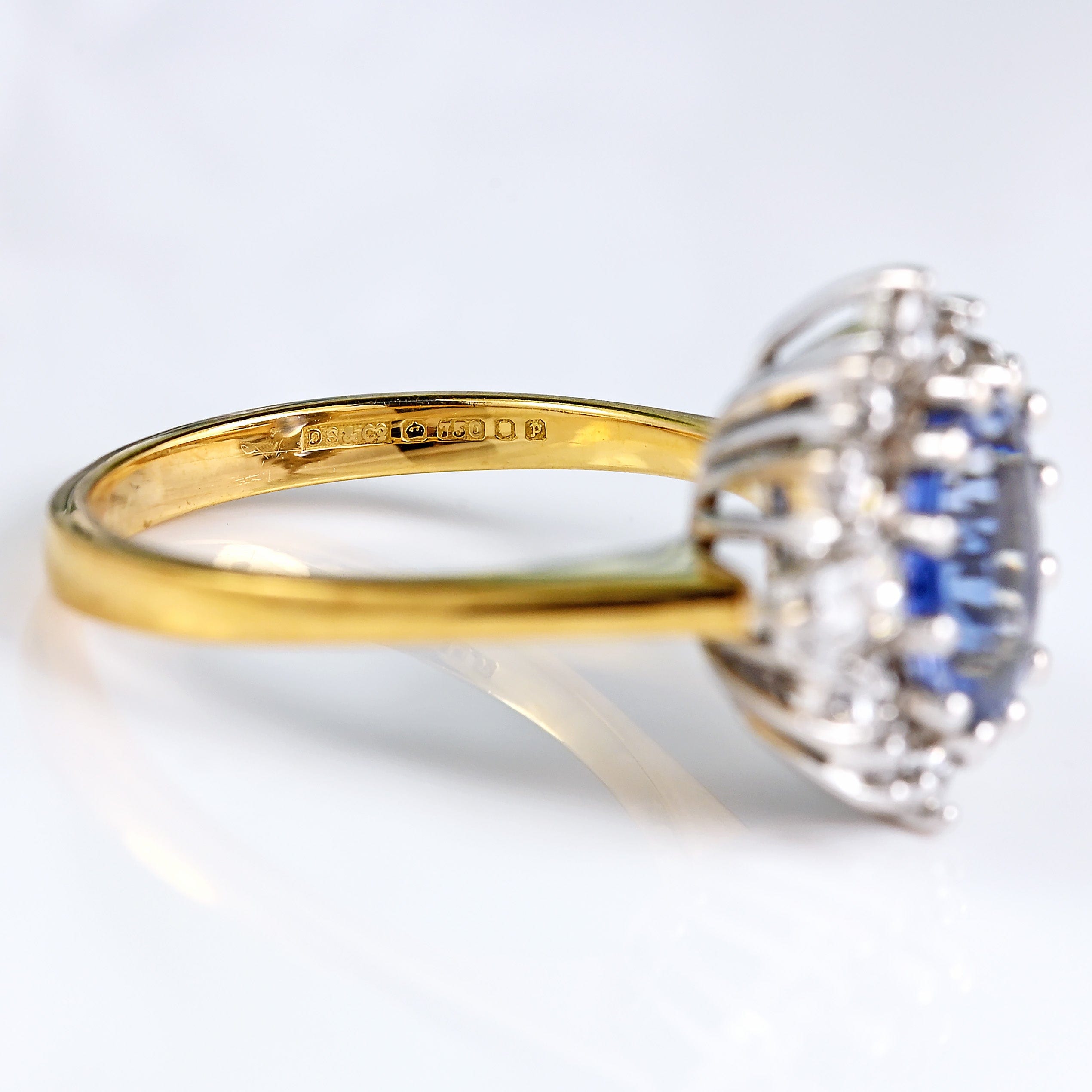 Ellibelle Jewellery Vintage 1989 Ceylon Sapphire & Diamond 18ct Gold Cluster Engagement Ring