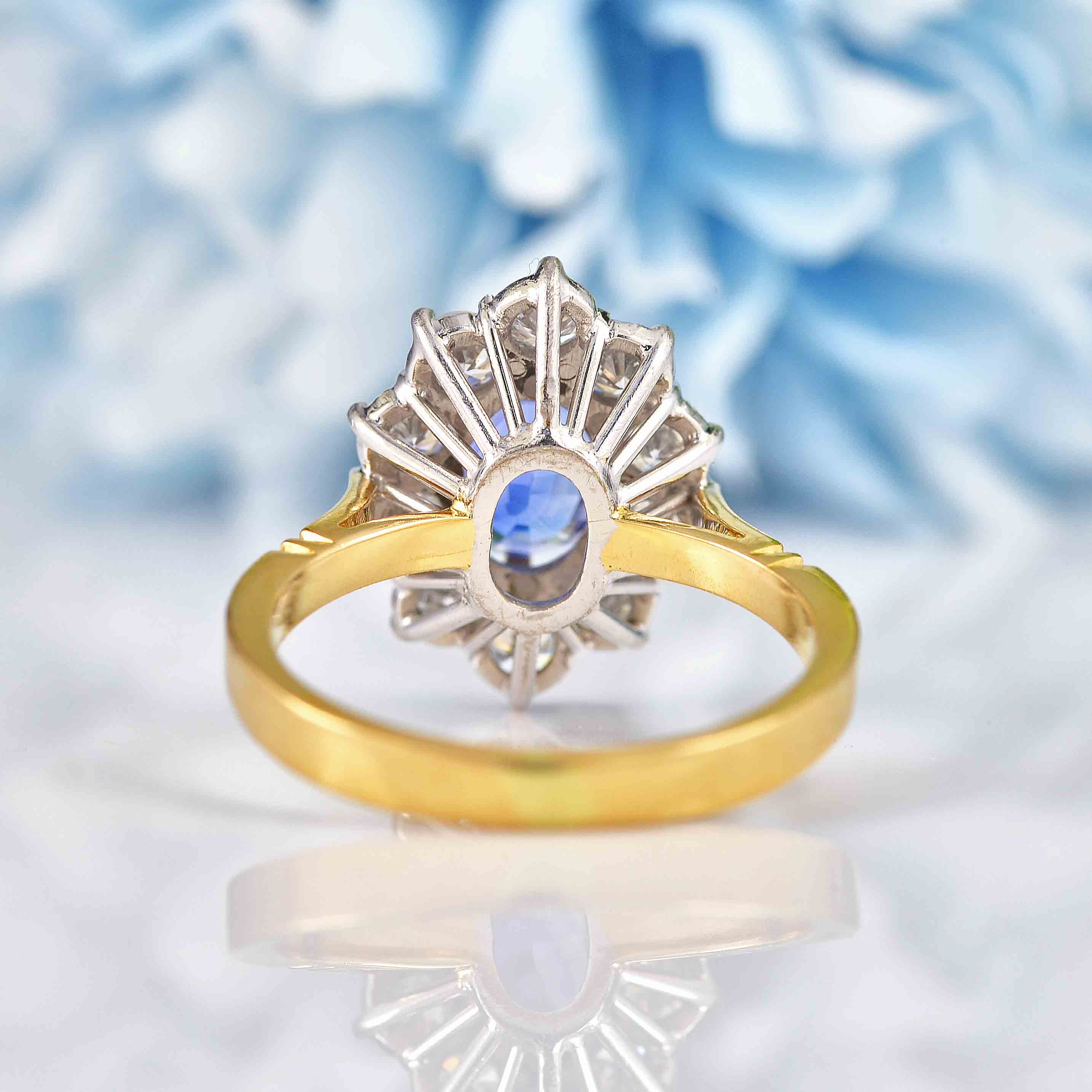 Ellibelle Jewellery Vintage 1989 Ceylon Sapphire & Diamond 18ct Gold Cluster Engagement Ring