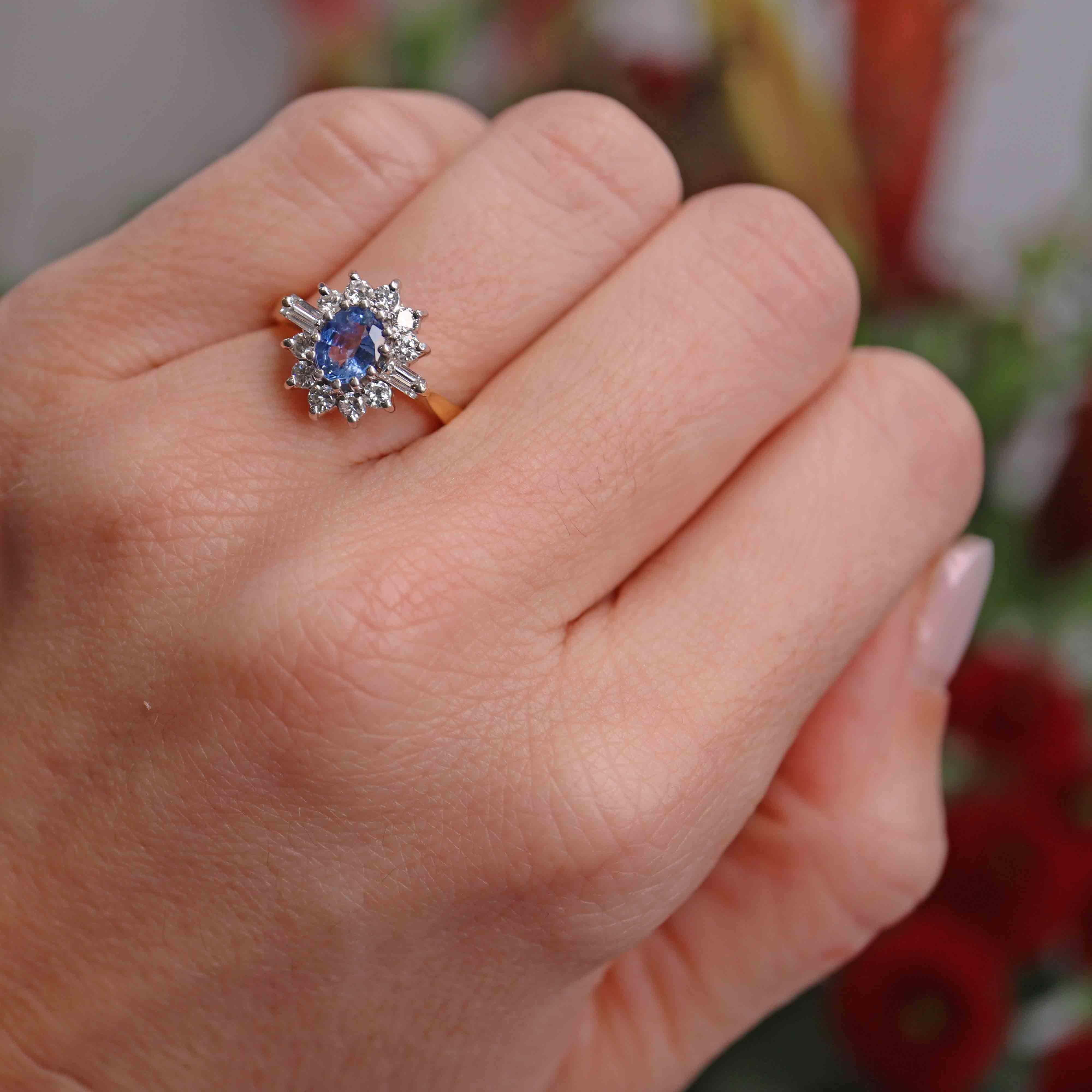 Ellibelle Jewellery Vintage 1989 Ceylon Sapphire & Diamond 18ct Gold Cluster Engagement Ring