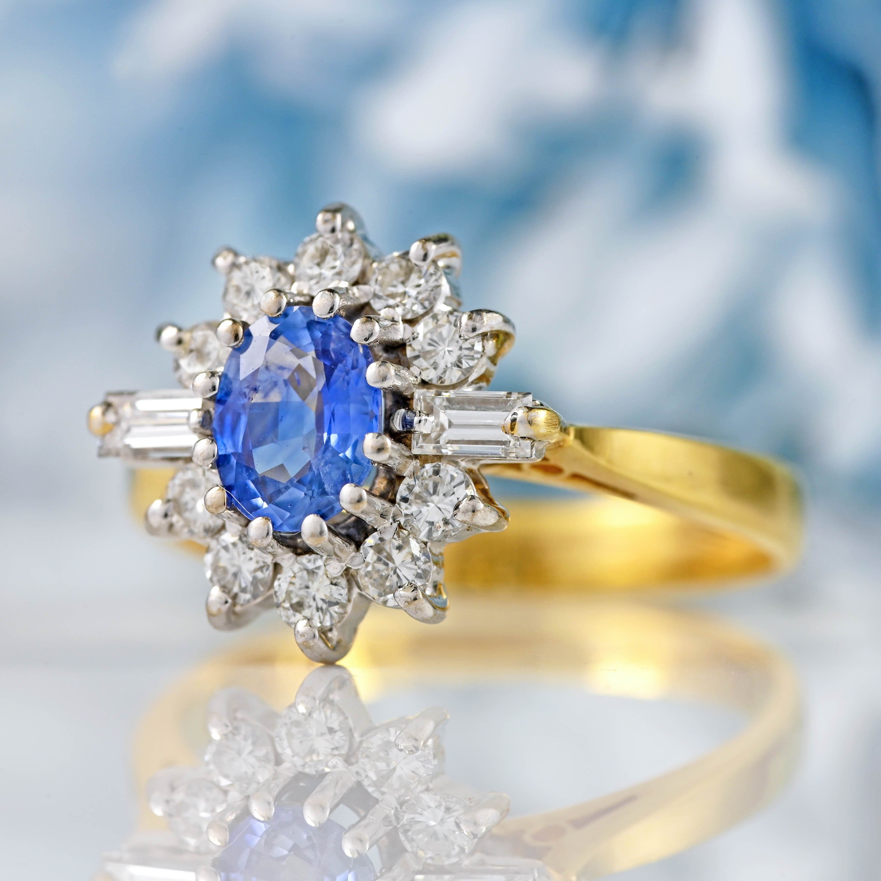 Ellibelle Jewellery Vintage 1989 Ceylon Sapphire & Diamond 18ct Gold Cluster Engagement Ring