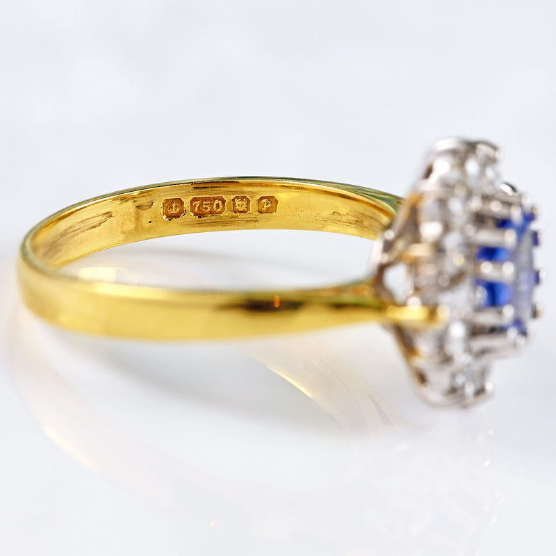 Ellibelle Jewellery Vintage 1989 Ceylon Sapphire & Diamond 18ct Gold Cluster Engagement Ring