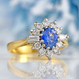 Ellibelle Jewellery Vintage 1989 Ceylon Sapphire & Diamond 18ct Gold Cluster Engagement Ring