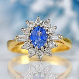 Ellibelle Jewellery Vintage 1989 Ceylon Sapphire & Diamond 18ct Gold Cluster Engagement Ring