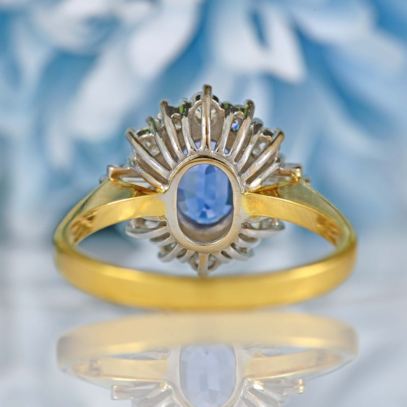 Ellibelle Jewellery Vintage 1989 Ceylon Sapphire & Diamond 18ct Gold Cluster Ring (1.37cts)