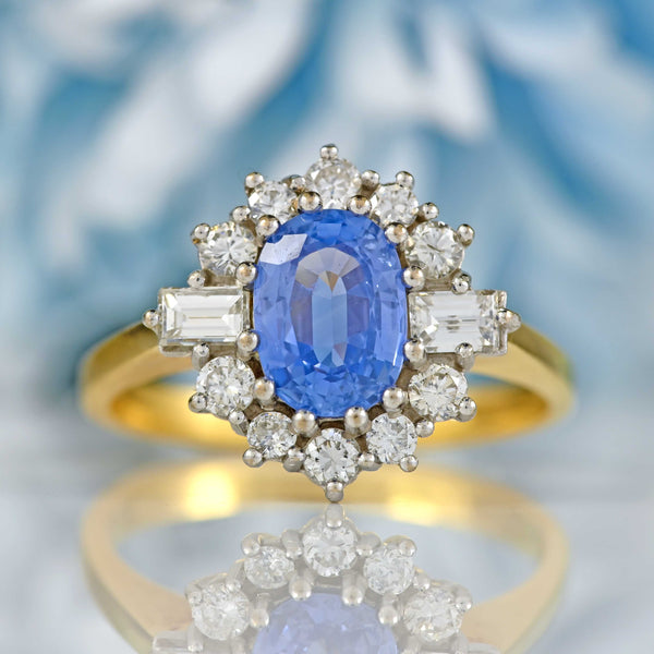 Ellibelle Jewellery Vintage 1989 Ceylon Sapphire & Diamond 18ct Gold Cluster Ring (1.37cts)