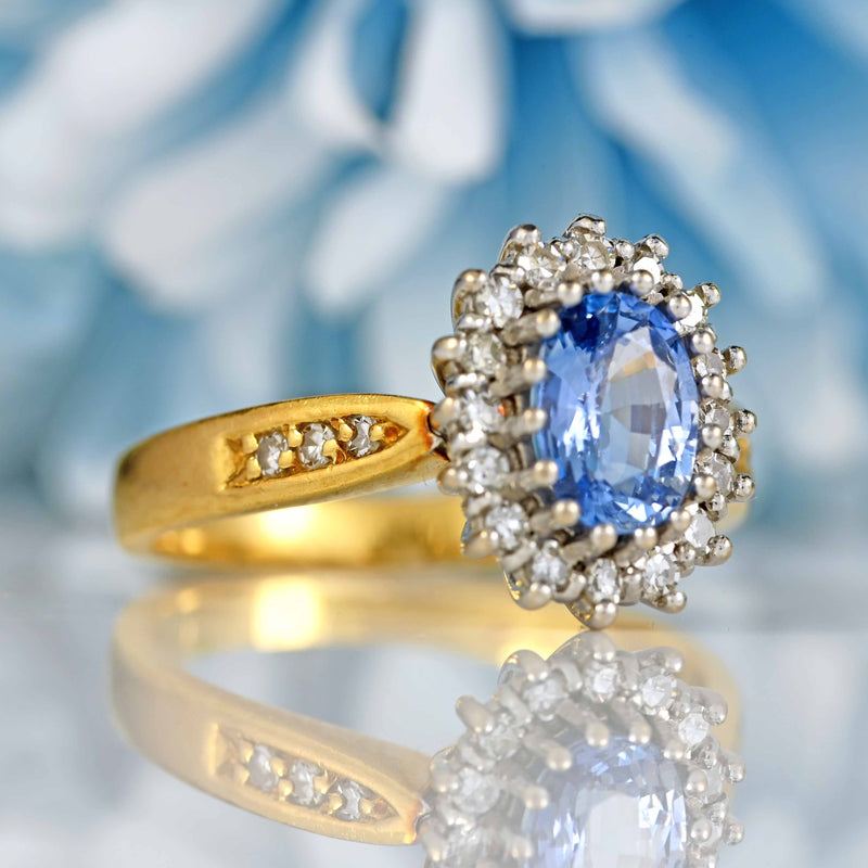 Ellibelle Jewellery Vintage 1989 Ceylon Sapphire & Diamond 18ct Gold Cluster Ring