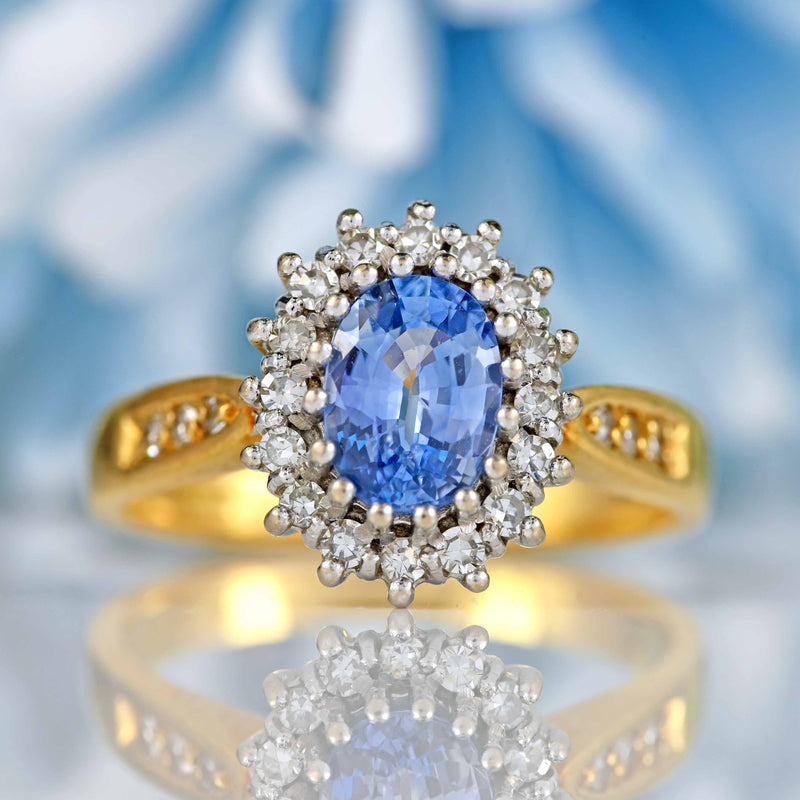 Ellibelle Jewellery Vintage 1989 Ceylon Sapphire & Diamond 18ct Gold Cluster Ring
