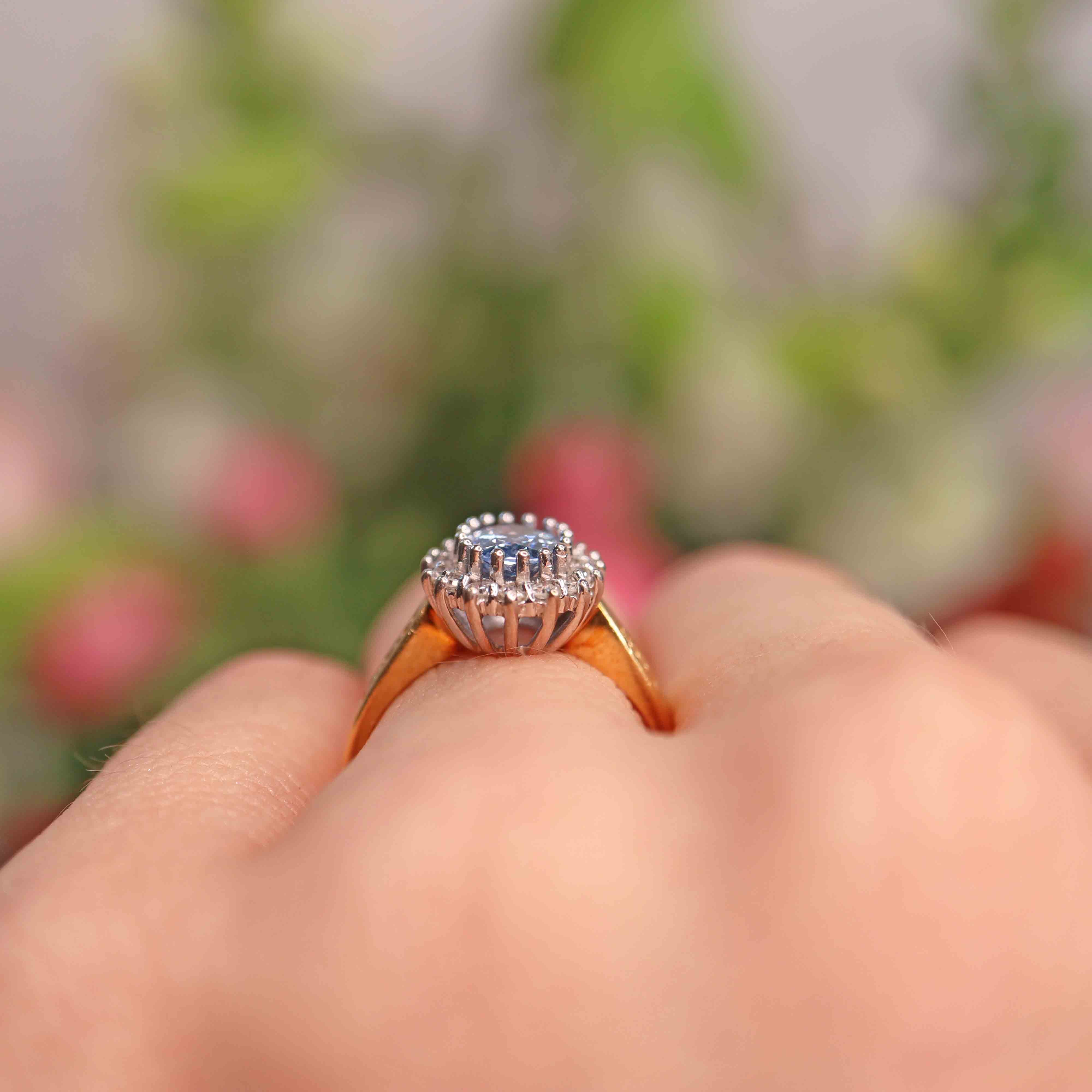 Ellibelle Jewellery Vintage 1989 Ceylon Sapphire & Diamond 18ct Gold Cluster Ring