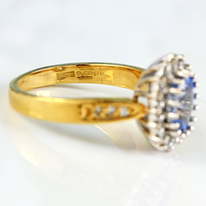 Ellibelle Jewellery Vintage 1989 Ceylon Sapphire & Diamond 18ct Gold Cluster Ring