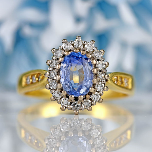 Ellibelle Jewellery Vintage 1989 Ceylon Sapphire & Diamond 18ct Gold Cluster Ring