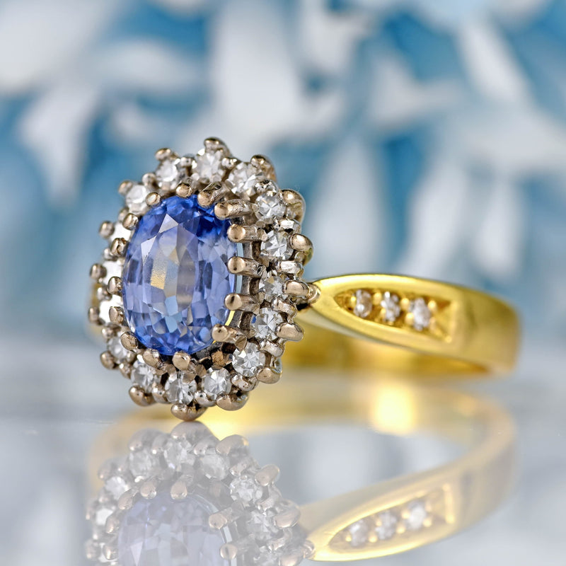 Ellibelle Jewellery Vintage 1989 Ceylon Sapphire & Diamond 18ct Gold Cluster Ring