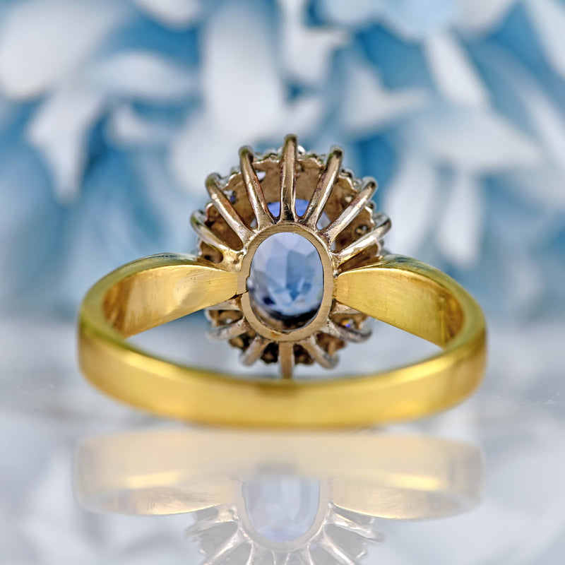 Ellibelle Jewellery Vintage 1989 Ceylon Sapphire & Diamond 18ct Gold Cluster Ring