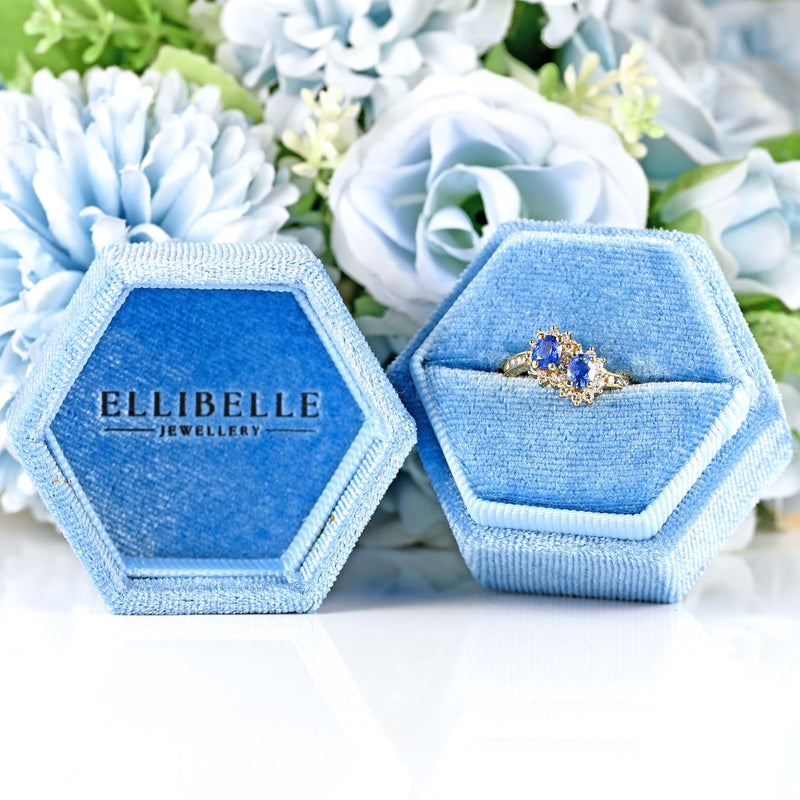 Ellibelle Jewellery Vintage 1989 Ceylon Sapphire & Diamond 18ct Gold Double-Cluster Ring