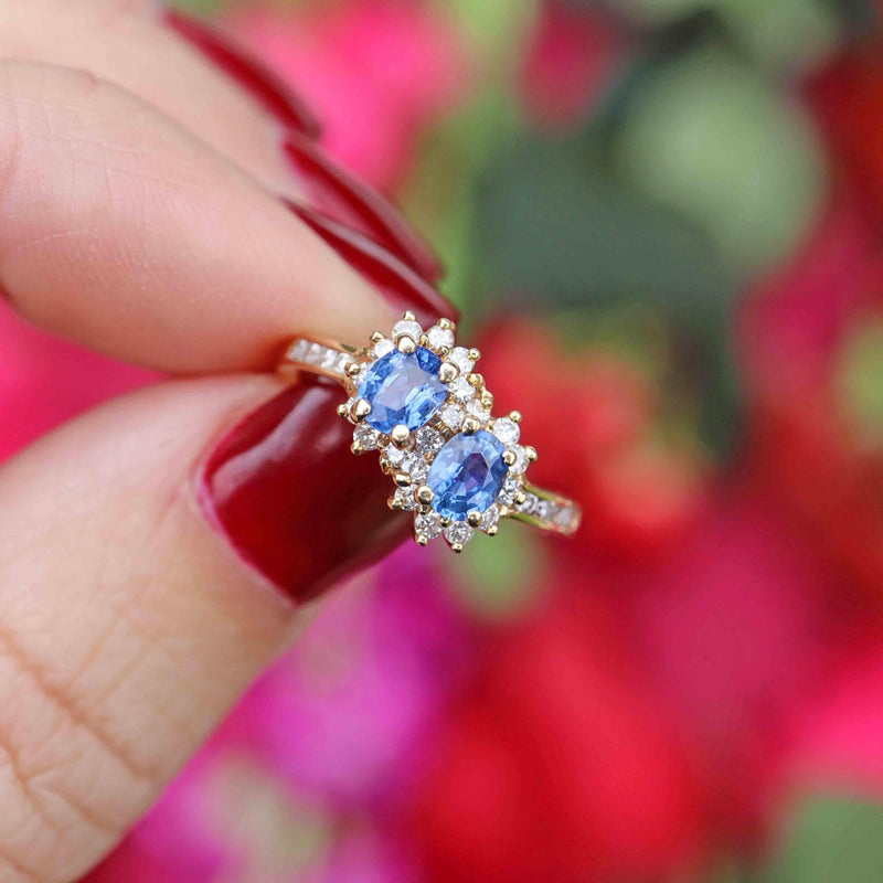 Ellibelle Jewellery Vintage 1989 Ceylon Sapphire & Diamond 18ct Gold Double-Cluster Ring