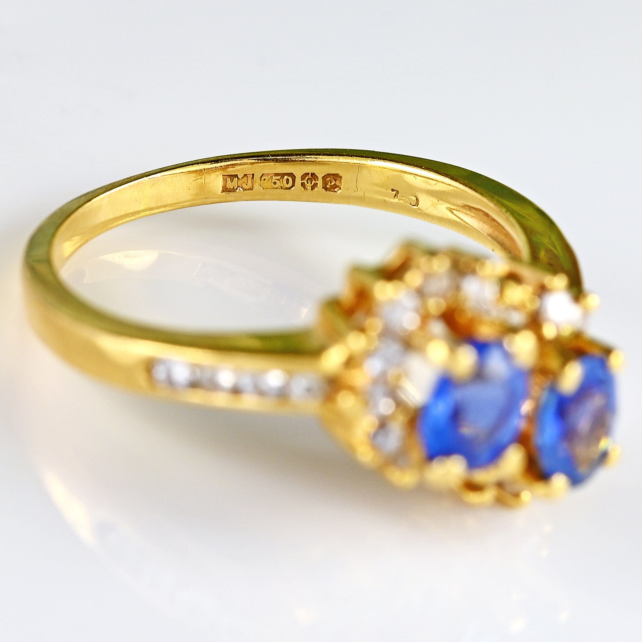 Ellibelle Jewellery Vintage 1989 Ceylon Sapphire & Diamond 18ct Gold Double-Cluster Ring