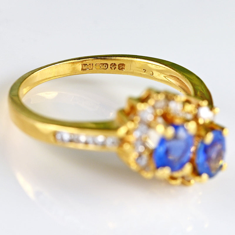 Ellibelle Jewellery Vintage 1989 Ceylon Sapphire & Diamond 18ct Gold Double-Cluster Ring