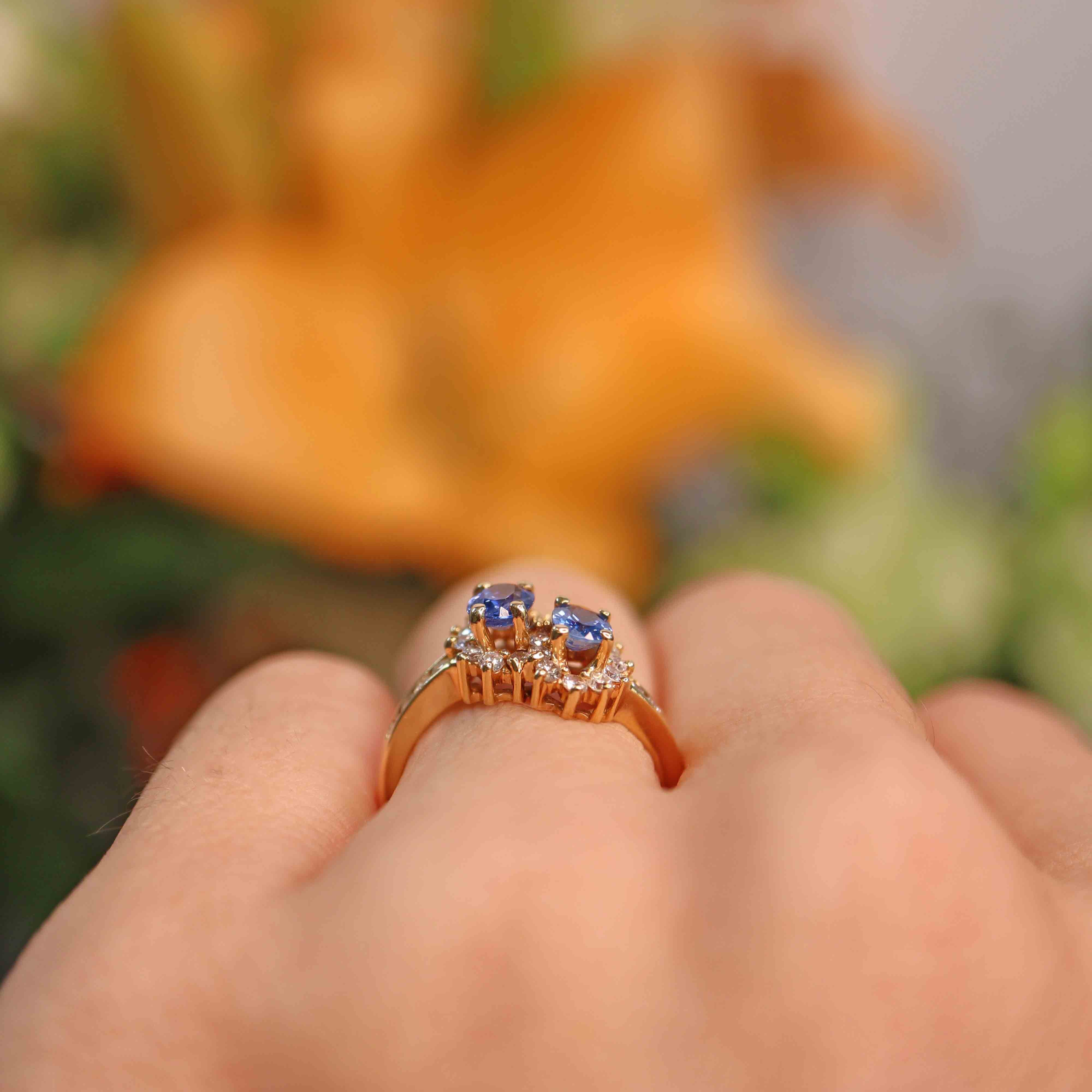 Ellibelle Jewellery Vintage 1989 Ceylon Sapphire & Diamond 18ct Gold Double-Cluster Ring
