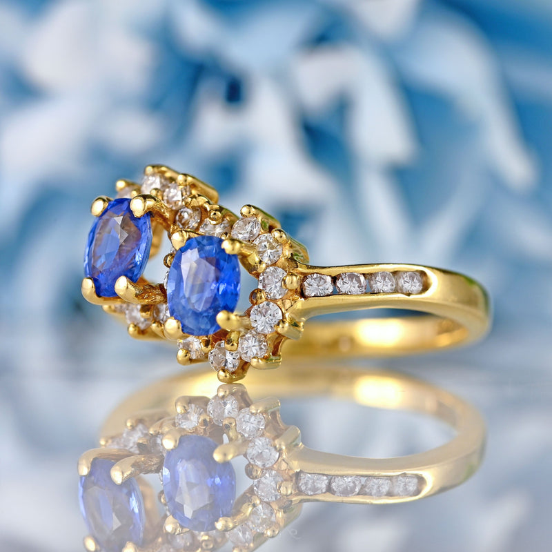 Ellibelle Jewellery Vintage 1989 Ceylon Sapphire & Diamond 18ct Gold Double-Cluster Ring