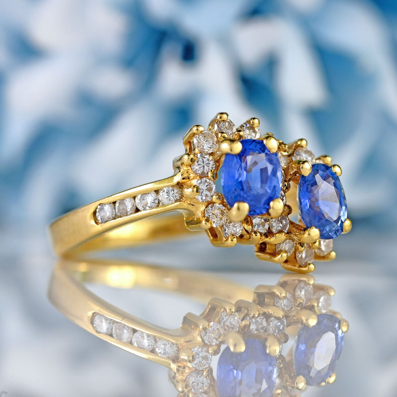 Ellibelle Jewellery Vintage 1989 Ceylon Sapphire & Diamond 18ct Gold Double-Cluster Ring