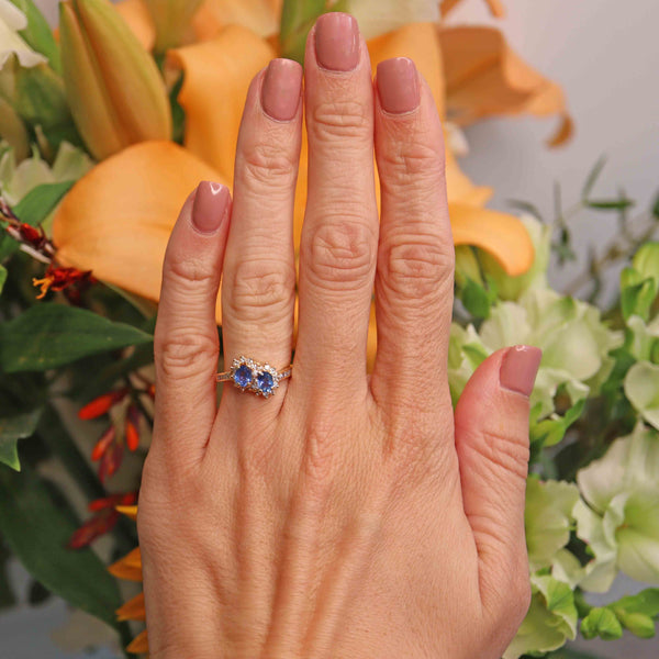 Ellibelle Jewellery Vintage 1989 Ceylon Sapphire & Diamond 18ct Gold Double-Cluster Ring