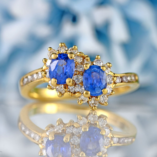 Ellibelle Jewellery Vintage 1989 Ceylon Sapphire & Diamond 18ct Gold Double-Cluster Ring