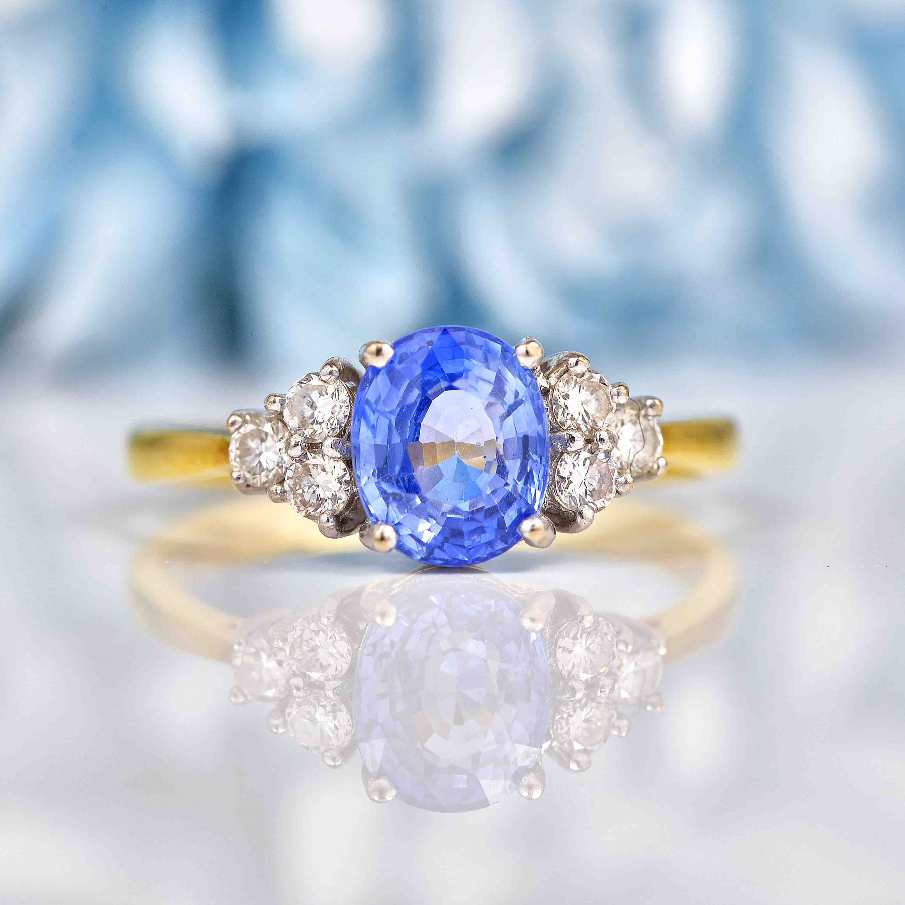 Ellibelle Jewellery Vintage 1989 Ceylon Sapphire & Diamond 18ct Gold Ring