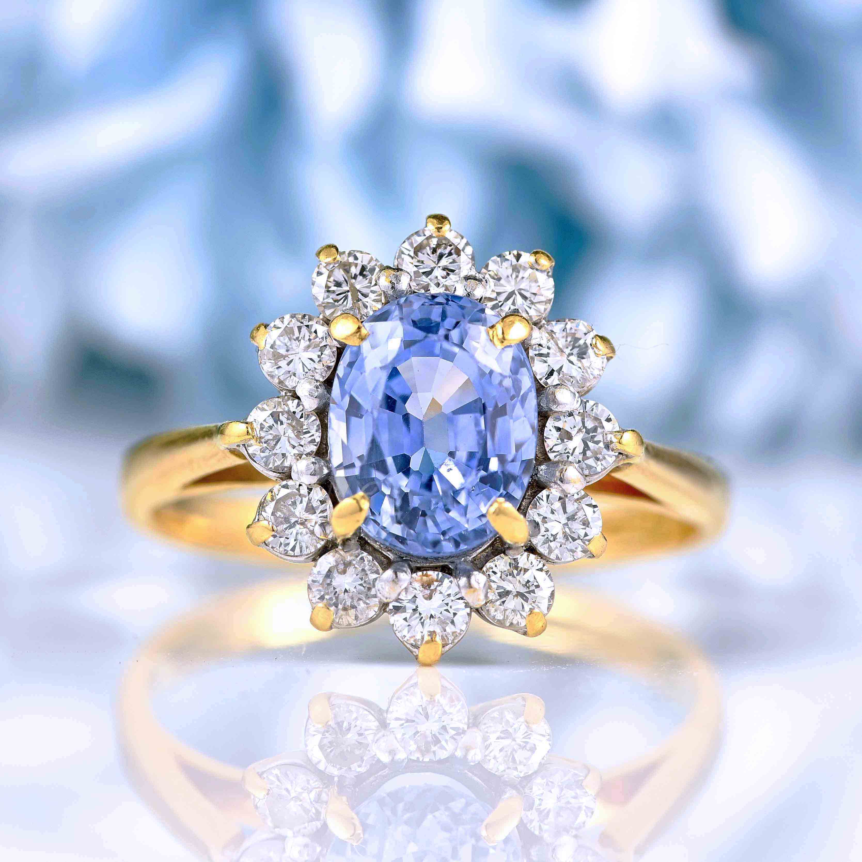 Ellibelle Jewellery Vintage 1989 Ceylon Sapphire & Diamond Gold Cluster Ring (2.02ct)