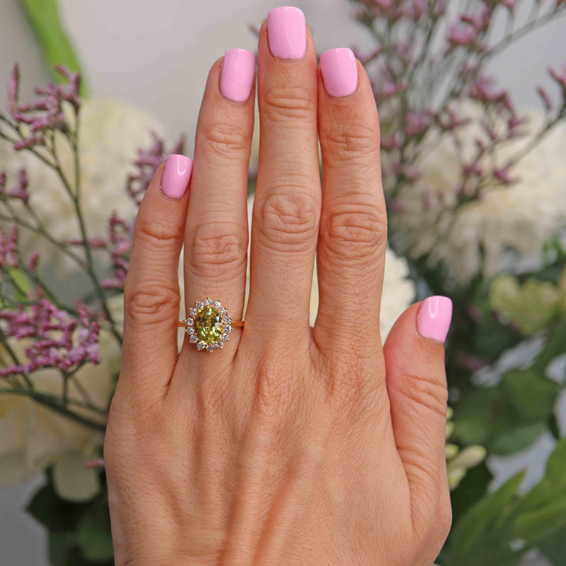 Ellibelle Jewellery Vintage 1989 Chrysoberyl & Diamond 18ct Gold Cluster Ring by Alabaster and Wilson