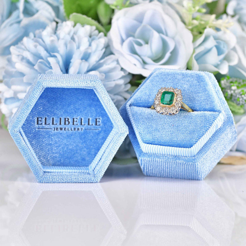 Ellibelle Jewellery Vintage 1989 Emerald & Diamond 18ct Gold Cluster Ring