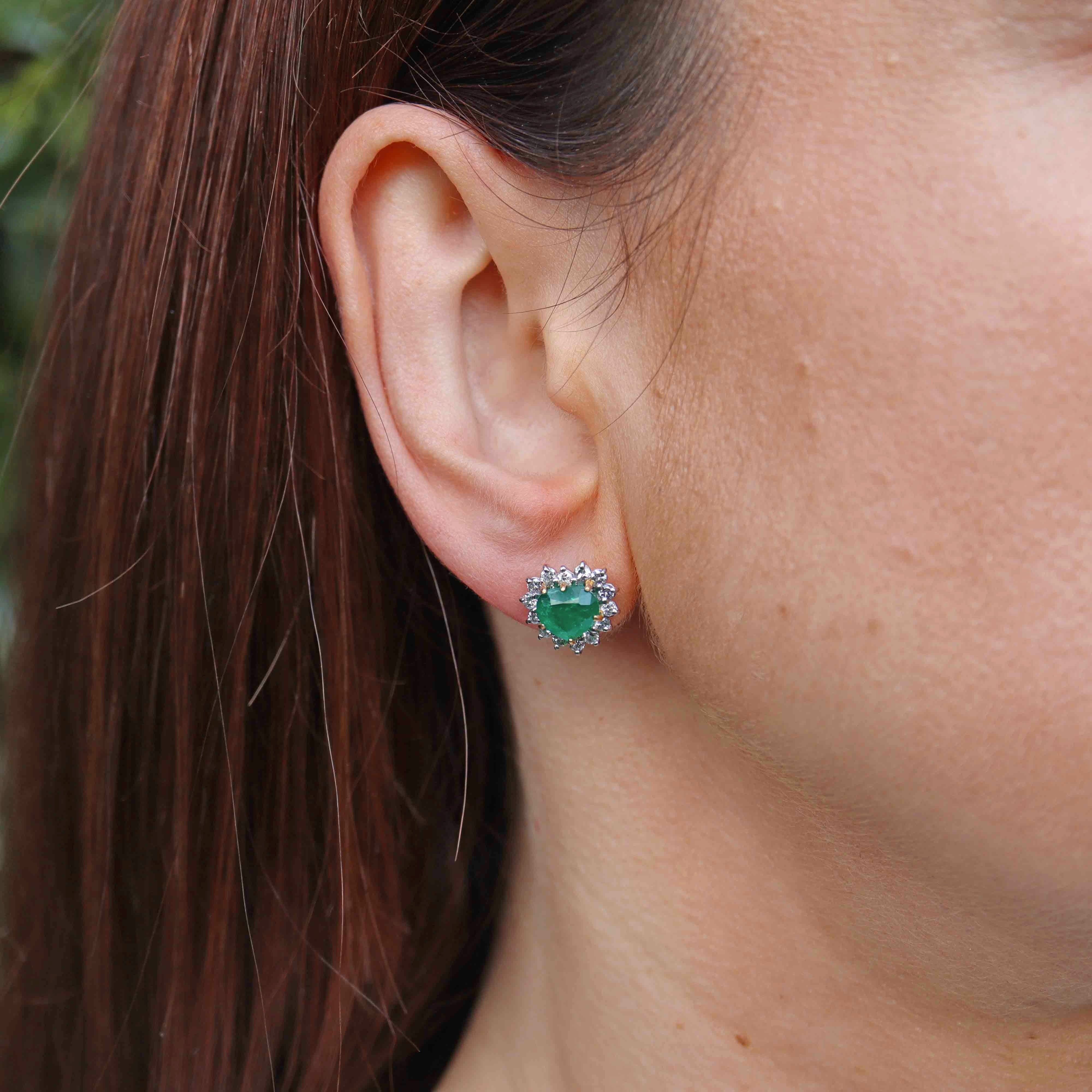 Ellibelle Jewellery Vintage 1989 Emerald & Diamond 18ct White Gold Heart-Shaped Cluster Stud Earrings