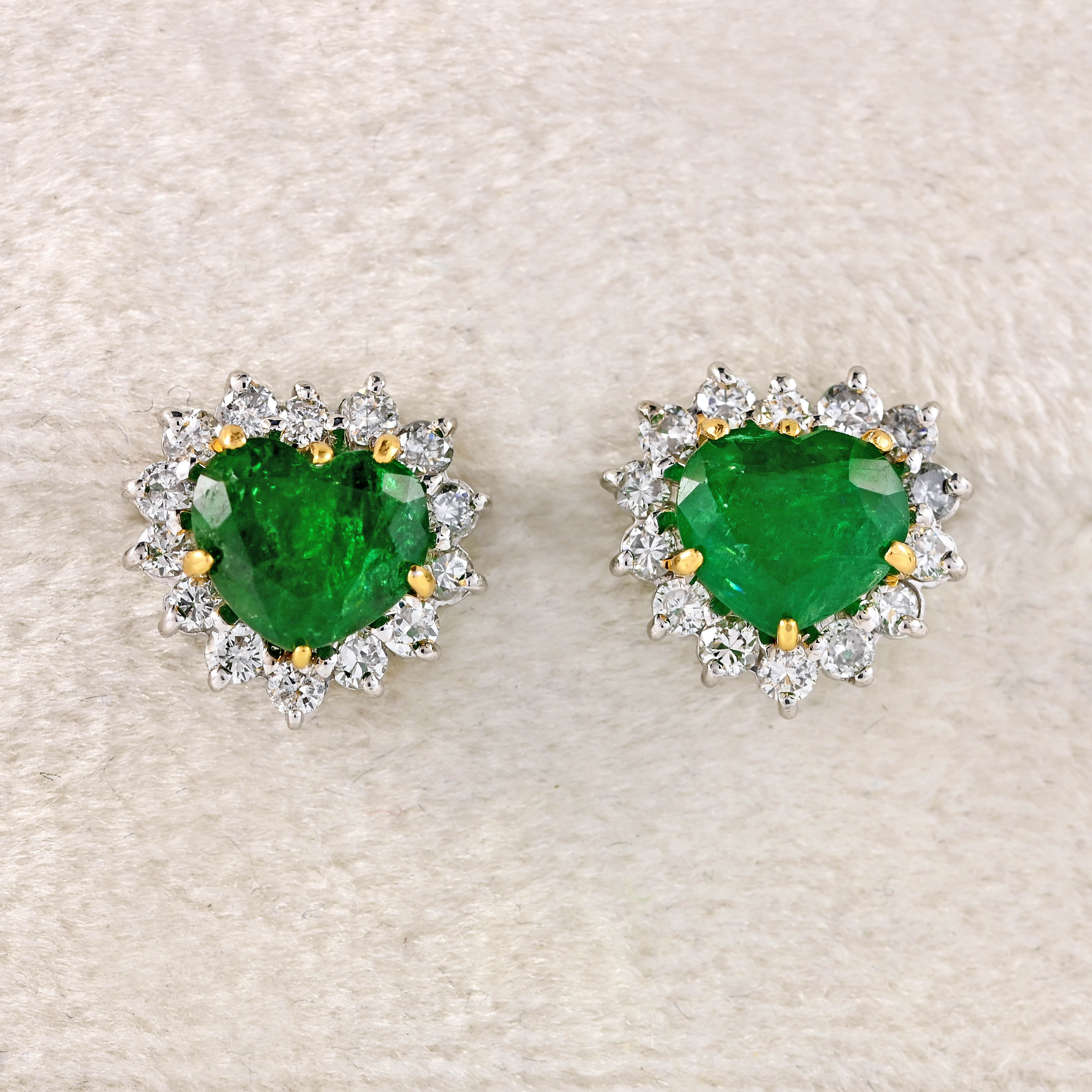 Ellibelle Jewellery Vintage 1989 Emerald & Diamond 18ct White Gold Heart-Shaped Cluster Stud Earrings
