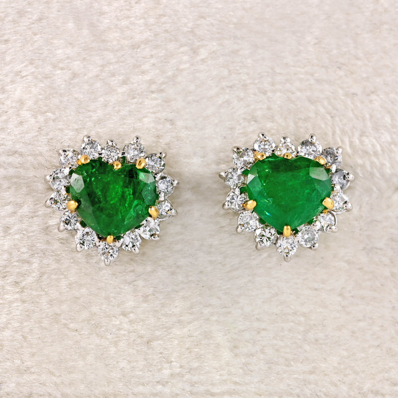 Ellibelle Jewellery Vintage 1989 Emerald & Diamond 18ct White Gold Heart-Shaped Cluster Stud Earrings