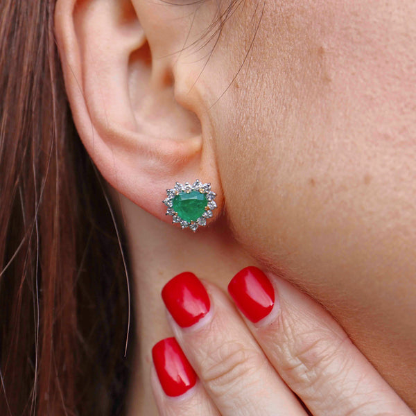 Ellibelle Jewellery Vintage 1989 Emerald & Diamond 18ct White Gold Heart-Shaped Cluster Stud Earrings