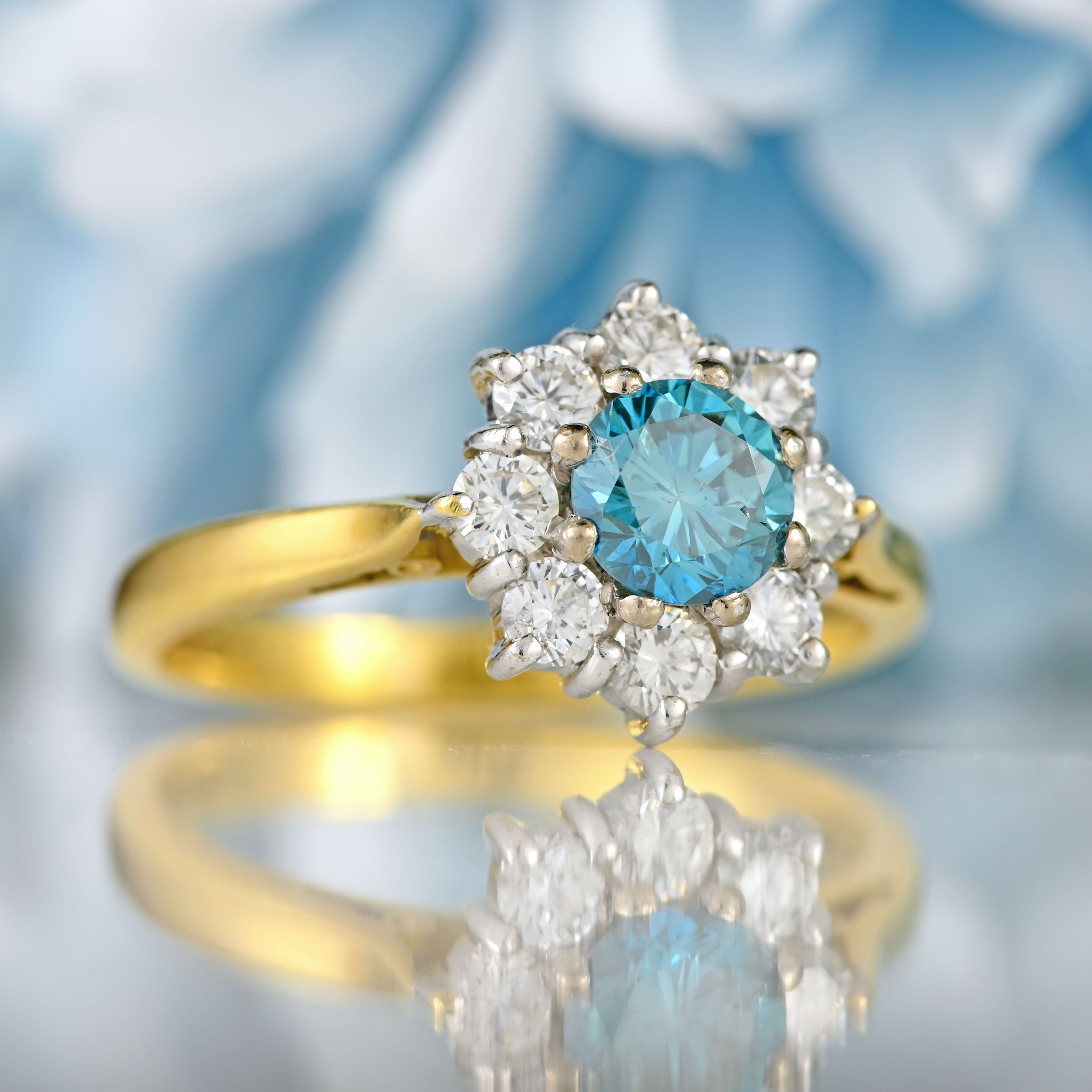 Ellibelle Jewellery Vintage 1989 Fancy Coloured Blue Diamond & Diamond 18ct Gold Daisy Cluster Ring