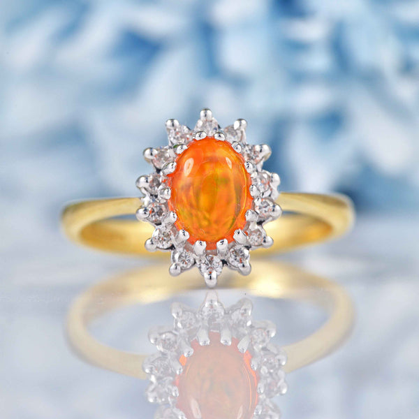 Ellibelle Jewellery Vintage 1989 Fire Opal & Diamond 18ct Gold Cluster Ring