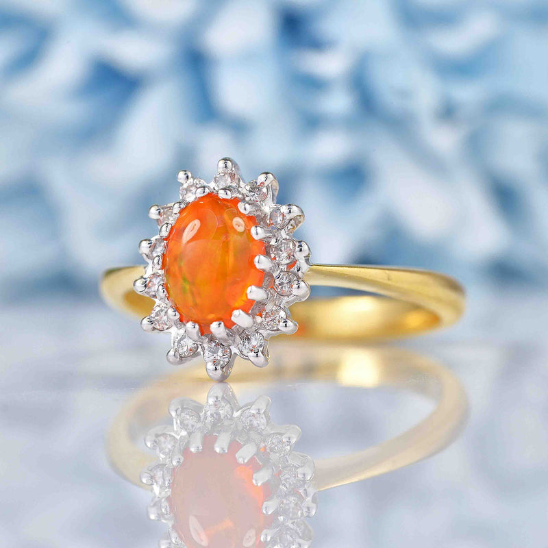 Ellibelle Jewellery Vintage 1989 Fire Opal & Diamond 18ct Gold Cluster Ring