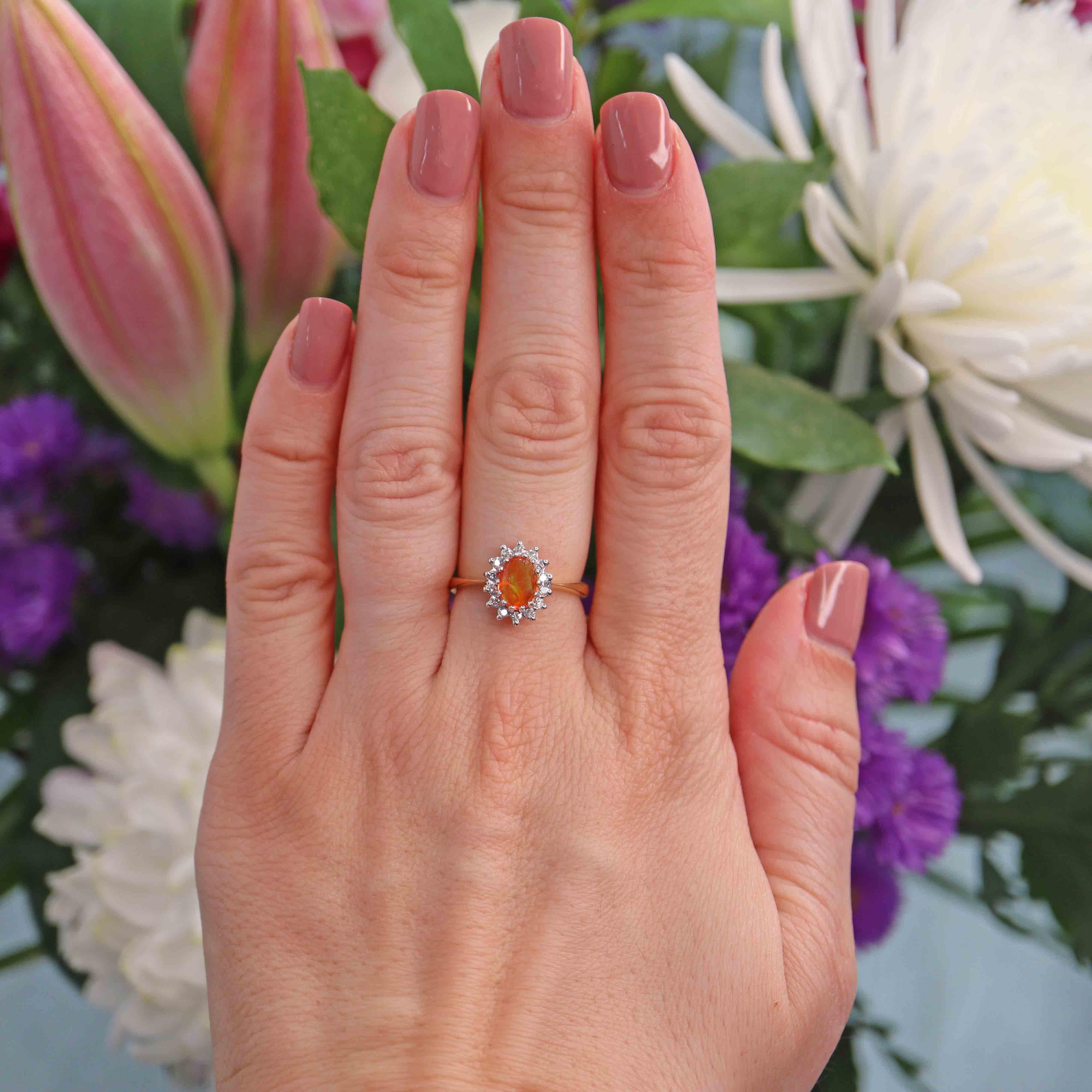 Ellibelle Jewellery Vintage 1989 Fire Opal & Diamond 18ct Gold Cluster Ring