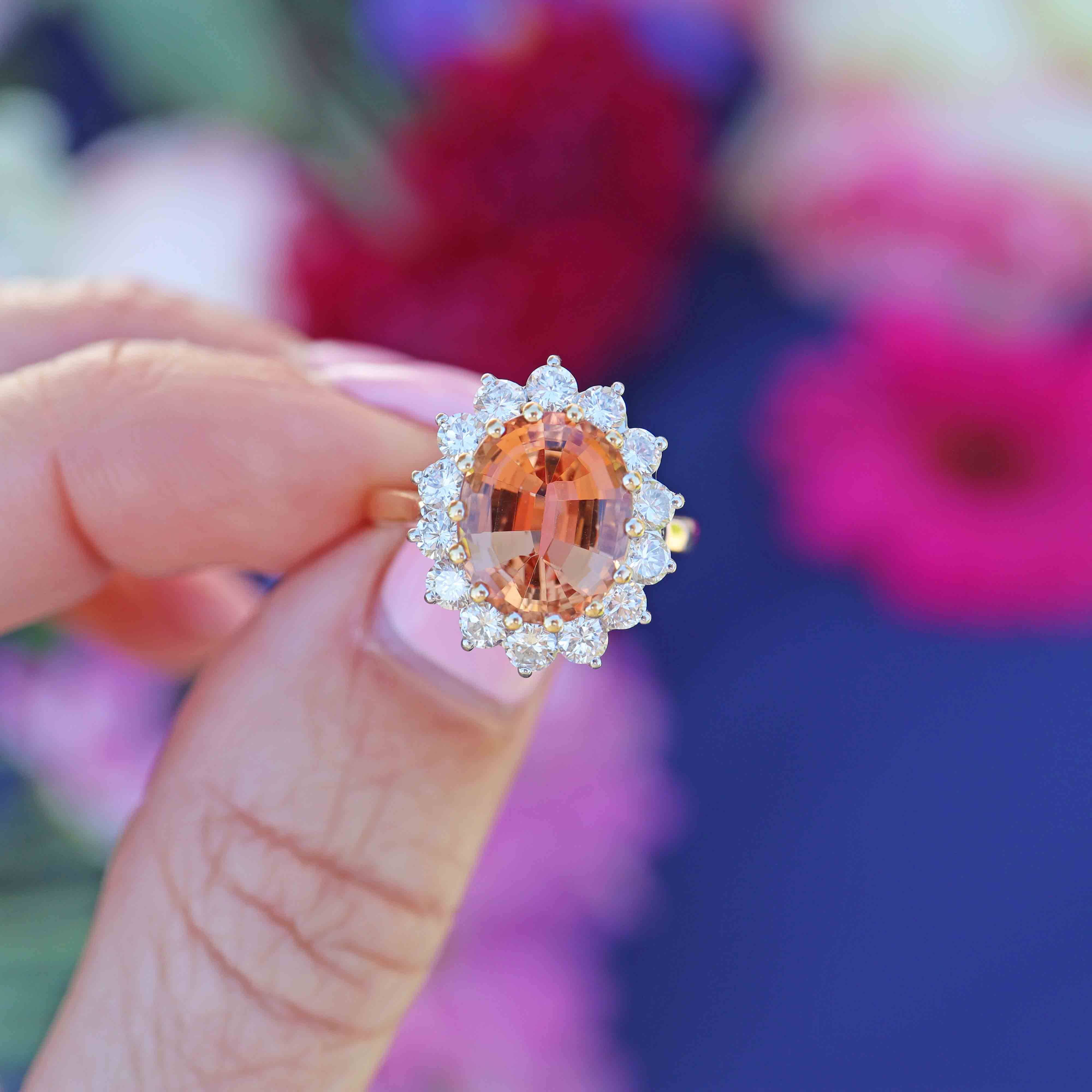 Ellibelle Jewellery Vintage 1989 Imperial Topaz & Diamond 18ct Gold Cluster Ring (4.30cts)