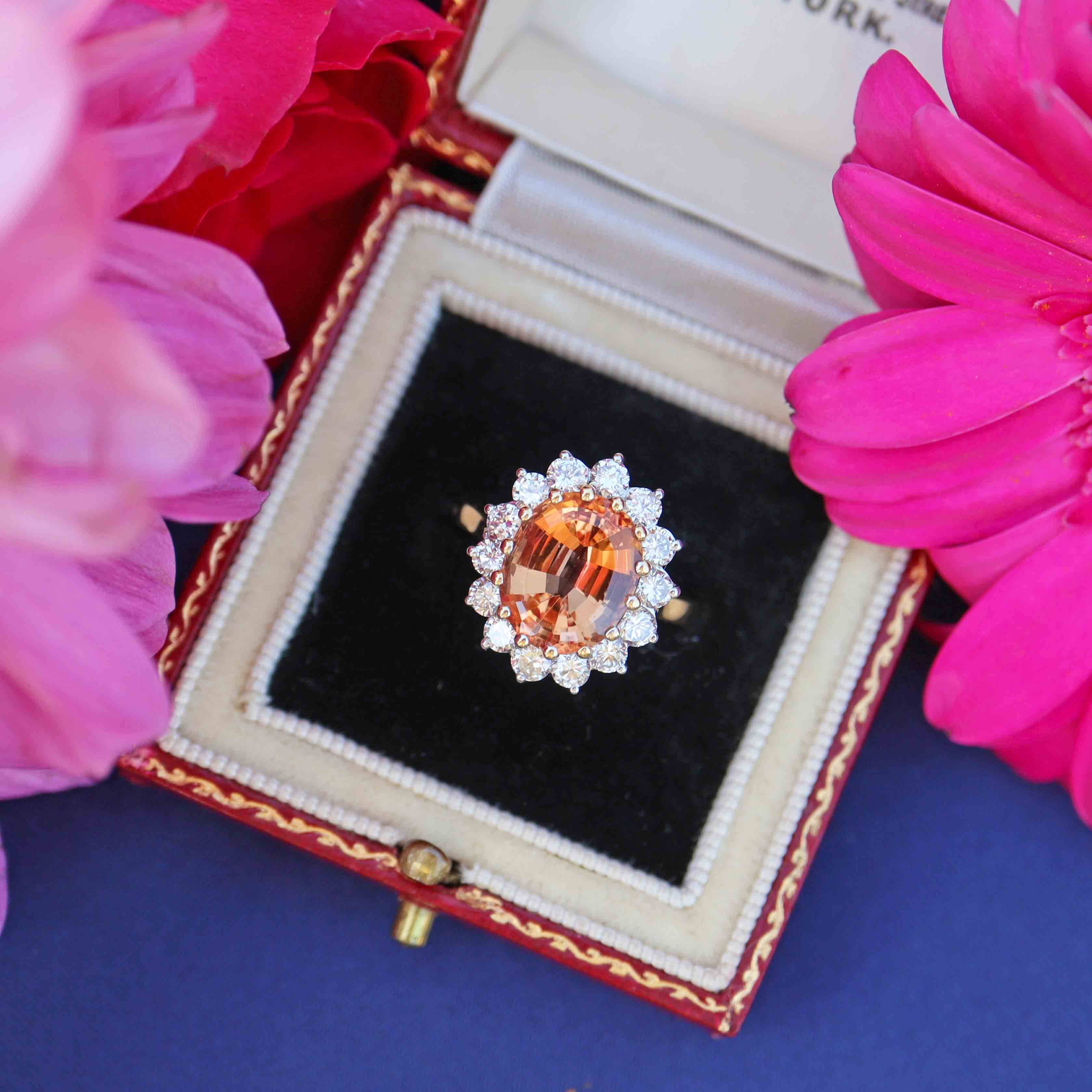 Ellibelle Jewellery Vintage 1989 Imperial Topaz & Diamond 18ct Gold Cluster Ring (4.30cts)